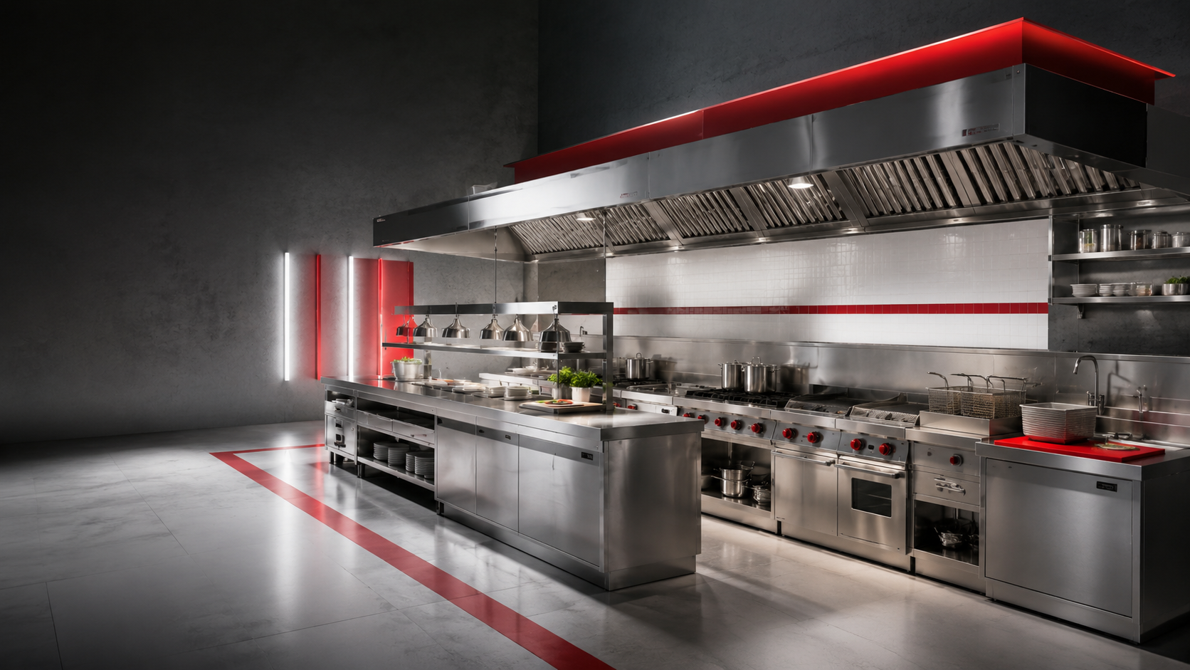 Cocina industrial moderna equipada para servicios de alimentación
